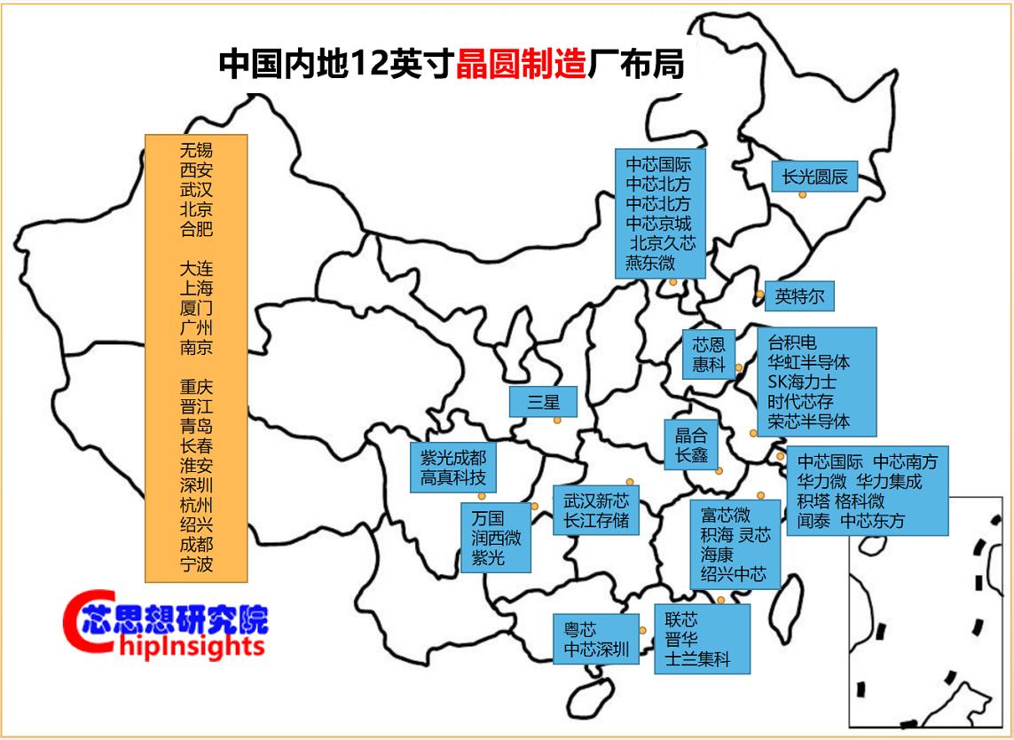 中國(guó)內(nèi)地城市12英寸裝機(jī)產(chǎn)能分布