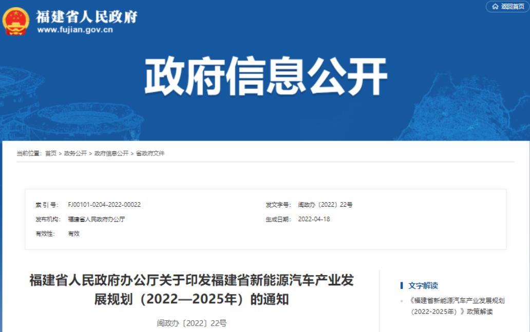 福建省新能源汽車產(chǎn)業(yè)發(fā)展規(guī)劃（2022—2025年）：到2025年，新能源汽車產(chǎn)銷超20萬輛