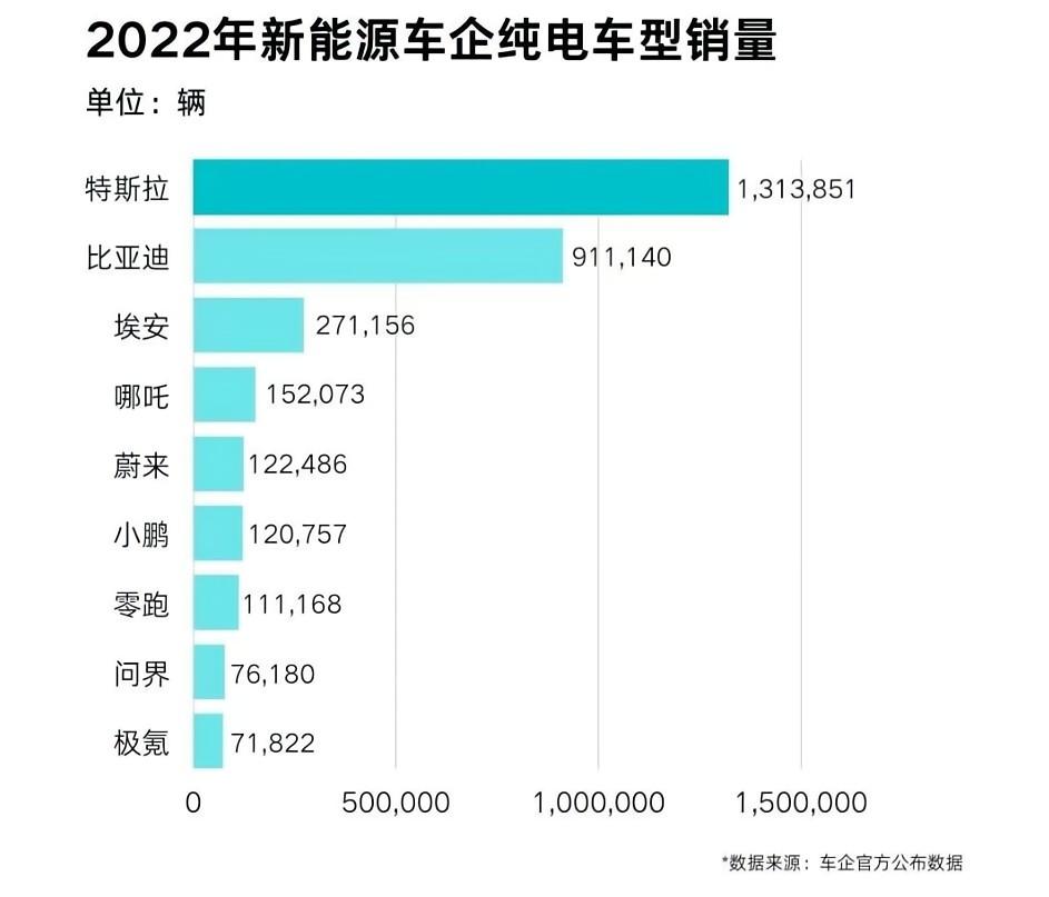 2022年新能源車企純電車型銷量