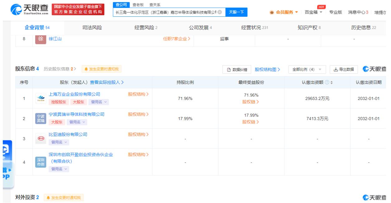 比亞迪入股嘉芯半導體設備科技有限公司